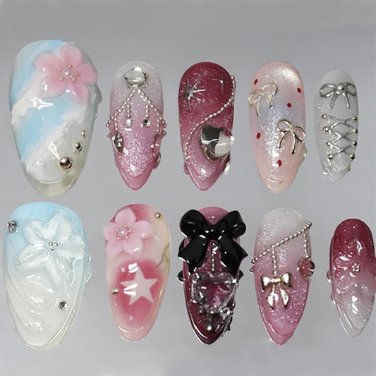 24Pcs Valentines Press on Nails Medium Almond Fake Nails with 3D Black Bow Pearl Rhinestones Designs Cute Heart False Nails Pink Flowers Full Cover Acrylic Stick on Nail for Women DIY Manicure Decor