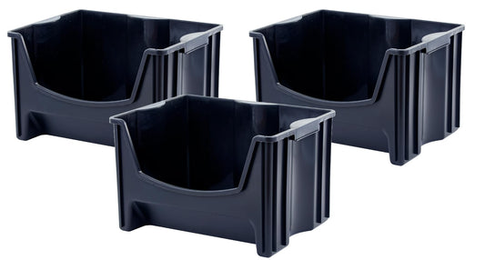 Mighty Tuff Jumbo Stackable Storage Bins, Pack of 3, Easy-Access Storage, Large Easy-to-Grip Handles, Wide Front Opening, Interlocking, Stack Vertically, Black