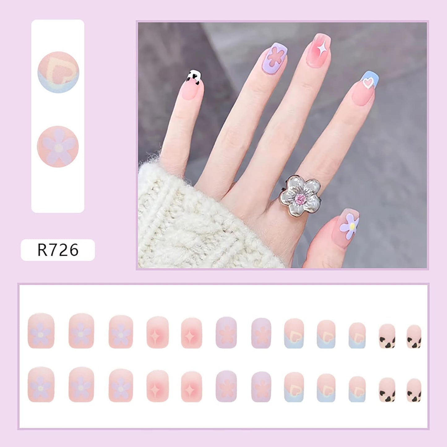 Press on Nails Short Coffin Shape Full Cover Reusable False Nails Kits Glue on Nails with Flower Designs Artificial Glossy Fingernails Acrylic Fake Nails for Women Stick on Nails Square