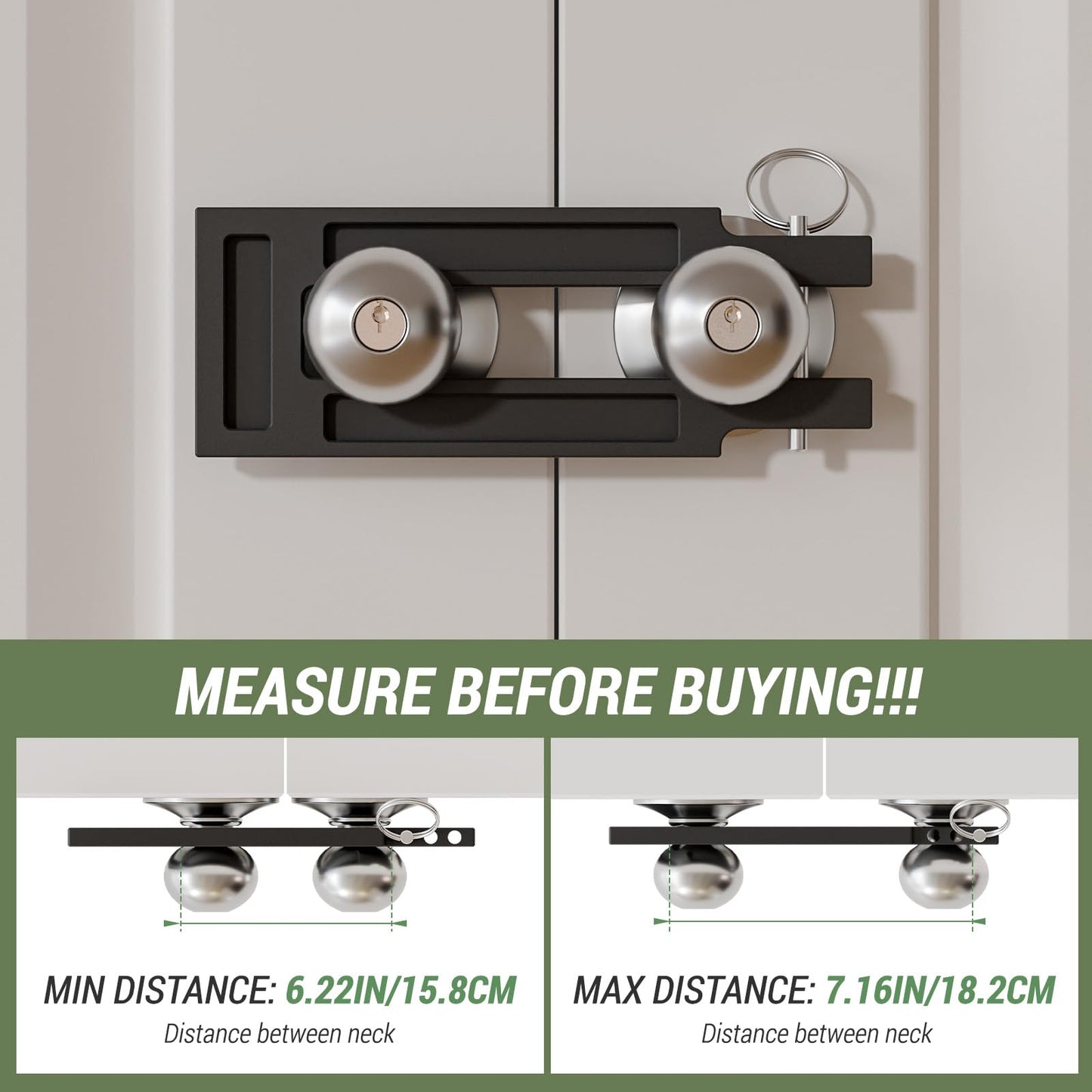 BINOTE French Door Lock for Double Doors, Adjustable Double Door Lock for Home Security Prevent Kick Ins, 3 Pin Slots for Various Knob Width