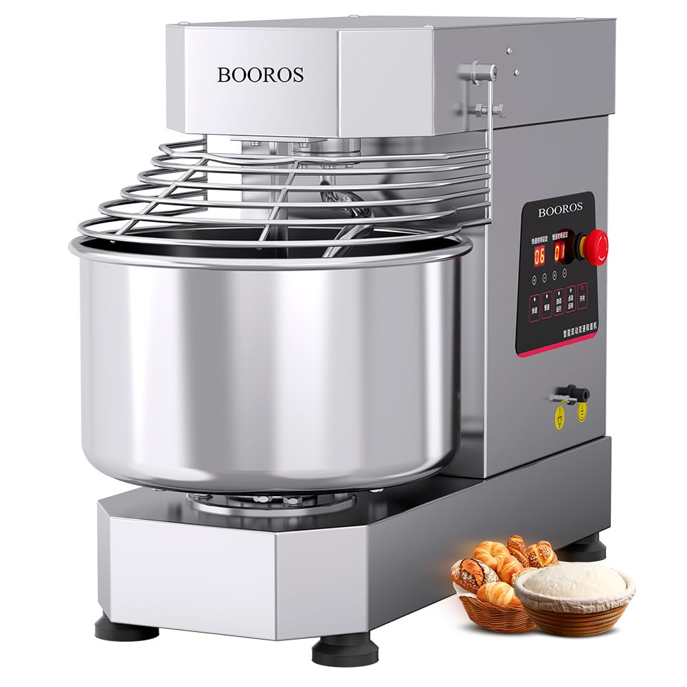 BOOROS Commercial Dough Mixer 750W Dual Rotating Dough Kneading Machine Pizza Dough Mixer 10.5Qt Capacity with Timer & Safety Shield Make 2.2-11Lbs of Dough Suitable for Bakery Pizzeria,110V