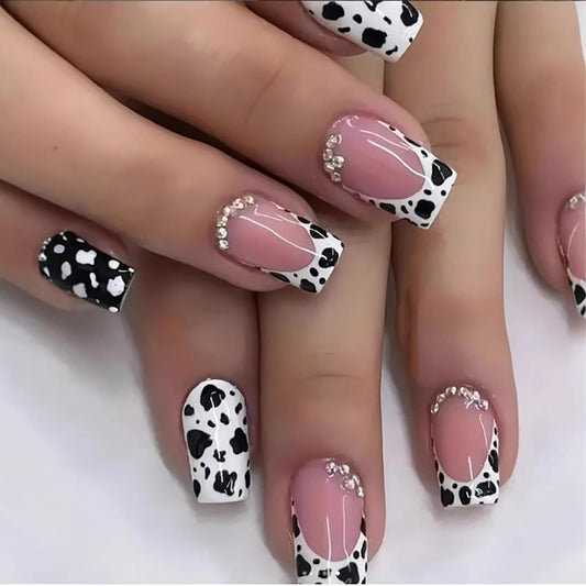 24Pcs Short Square Press on Nails Cow French Tip Fake Nails with Glitter Rhinestones Design Black White False Nails Full Cover Cute Glue on Nails Leopard Acrylic Nails Glossy Stick on Nails for Women