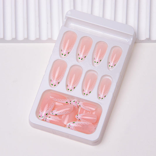 French Tip Press on Nails Medium Almond Fake Nails Flowers Acrylic Nails Lace False Nails Glossy Artificial Nails with Designs Glue on Nails for Women Girls Manicure Nails Decoration 24Pcs