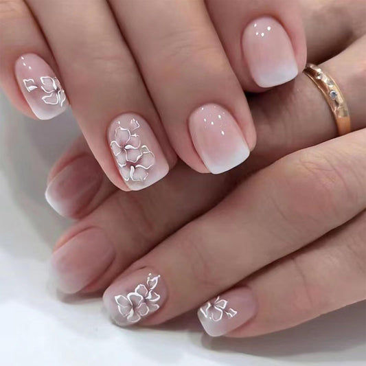 WAFOLOZE Nail Press ons,White Ombre Short Square Press on Nails Fake/False Nail with Flower Press ons Designs Gloss Acrylic Artificial Stick on Nails for Women 24Pcs