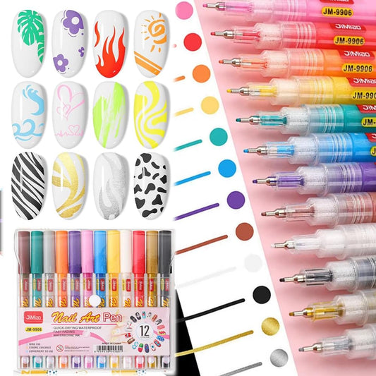 12 Colors Nail Art Pens Set - 0.5mm Fine Tip 3D Nail Polish Pens, Graffiti Nail Dotting Tools Acrylic Paint Pens for Drawing Painting Liner for Nails Art Design Manicure Nail Pens for Salon DIY