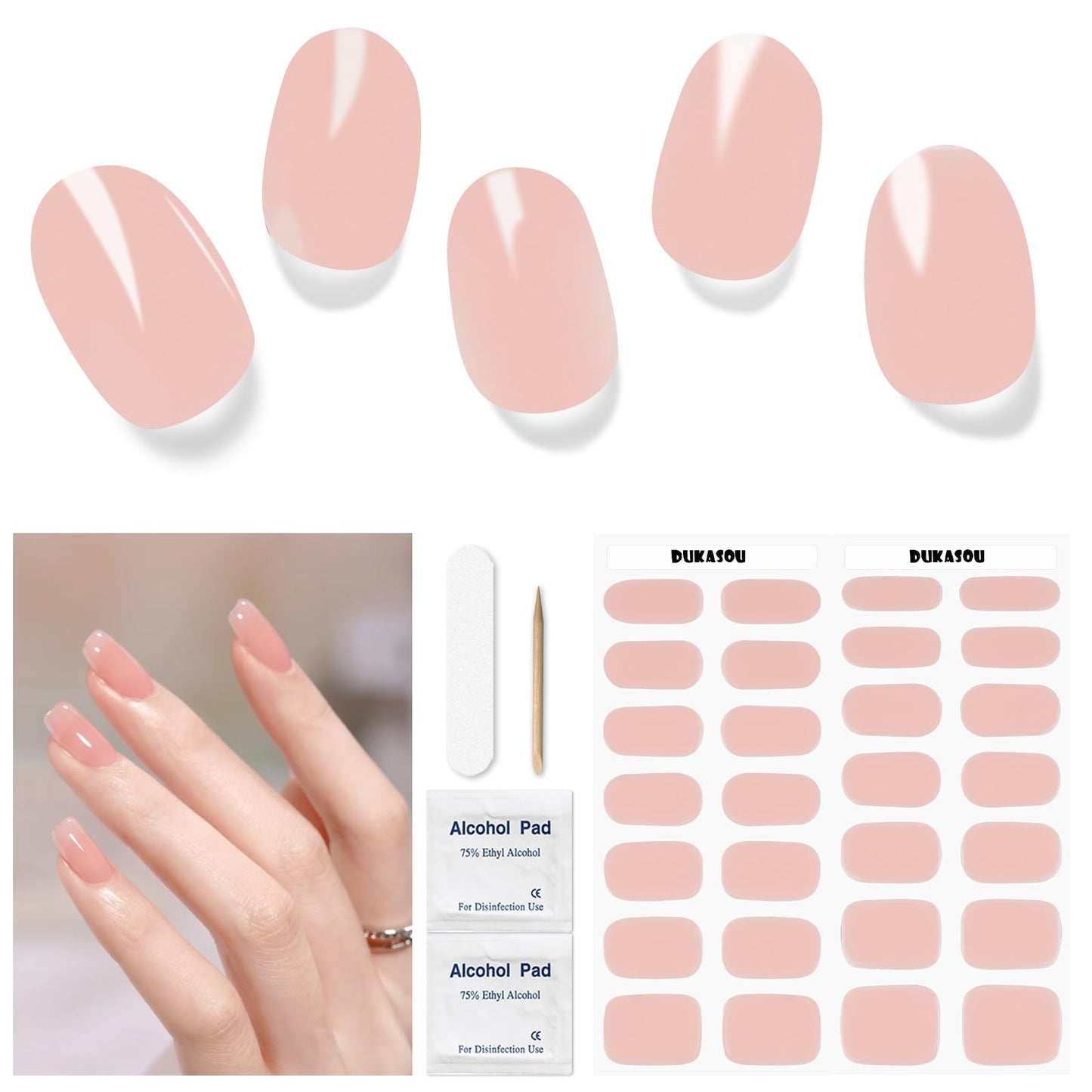 DUKASOU Semi Cured Gel Nail Strips 28 pcs Nude Nail Stickers for Women (Nude Transparent) Full Nail Wraps -UV Lamp Required Long Lasting Easy to Apply