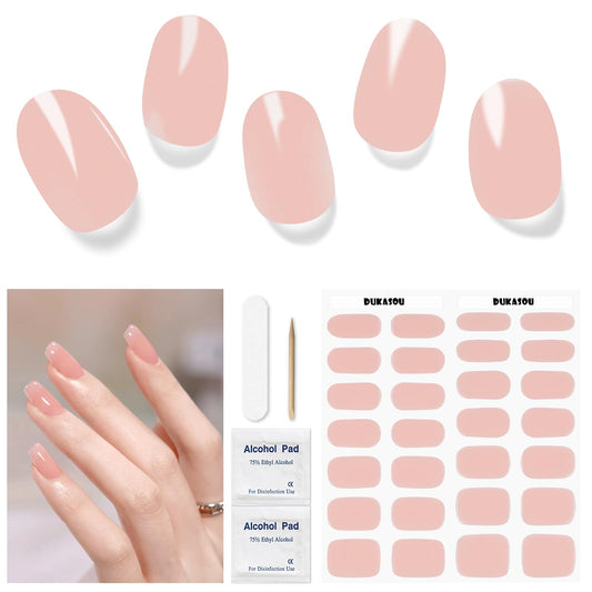 DUKASOU Semi Cured Gel Nail Strips 28 pcs Nude Nail Stickers for Women (Nude Transparent) Full Nail Wraps -UV Lamp Required Long Lasting Easy to Apply