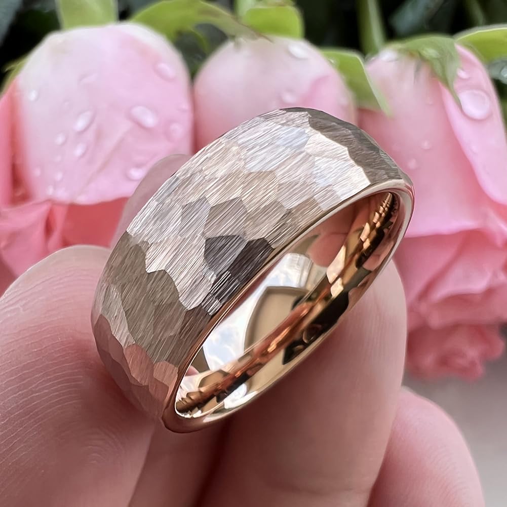 TUTISS 8mm Rose Gold Hammered Tungsten Rings for Men Women Engagement Wedding Bands Domed Matte Finish Comfort Fit Size 7