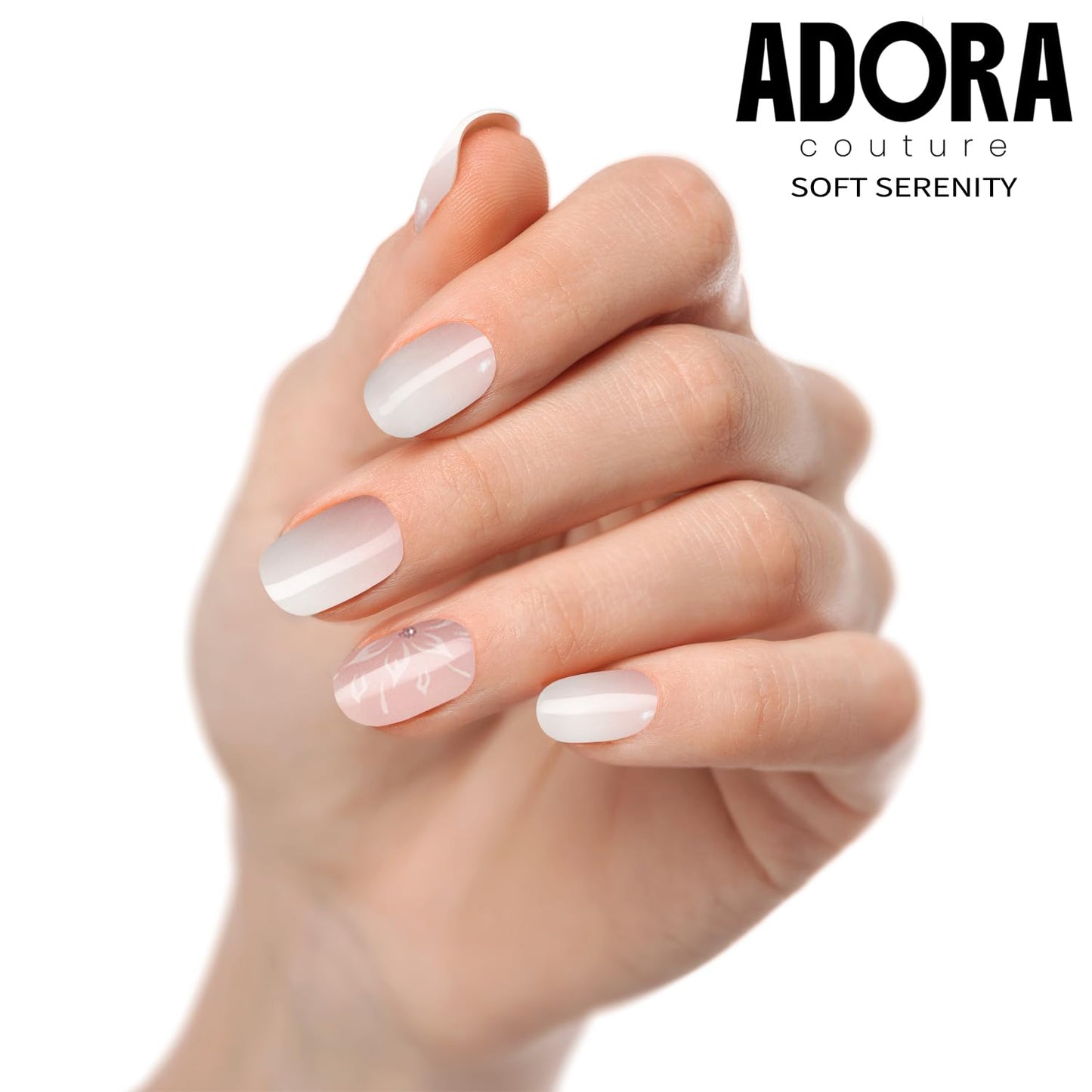 Adora Couture Semi-Cured Gel Nail Strips - 20 Salon-Quality Gel Sticker with UV Light Required, Long Lasting, Easy Application & Removal, Includes Prep Pad, Nail File, Wooden Stick – Soft Serenity