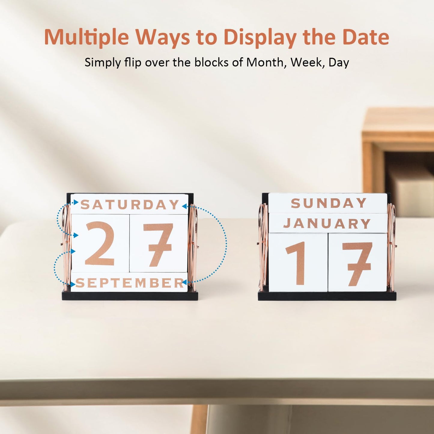 DEERINE Wooden Perpetual Block Calendar for Desk, Rose Gold Daily Desktop Desk Calendar, Modern Farmhouse Aesthetic Desk Accessories for Home Office Decor, Teacher, Classroom, Reusable Yearly