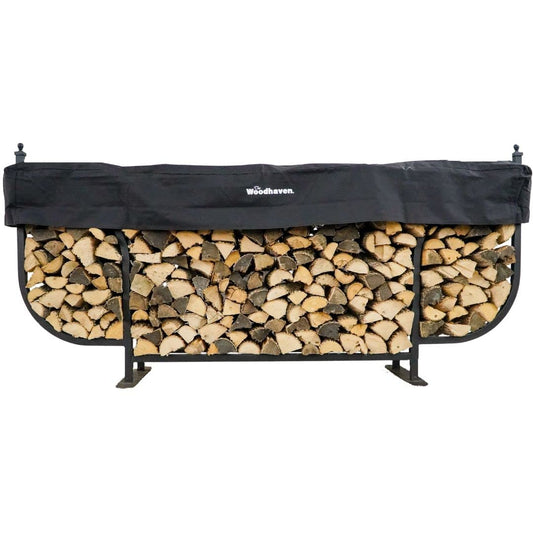 Woodhaven 9ft Courtyard Firewood Rack - Luxury Outdoor Log Holder With Cover - Made In USA - Black UV Stable Powder Coat Finish