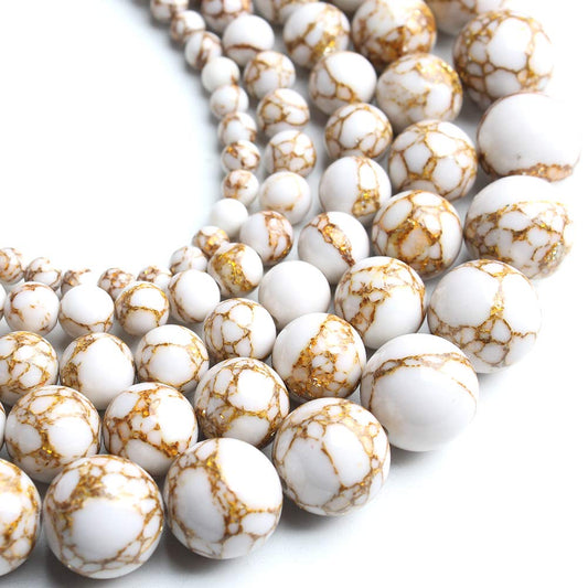 Song Xi 6mm White Howlite Spun Gold Beads Smooth Loose Jewelry Beads for Bracelets and Necklaces Making