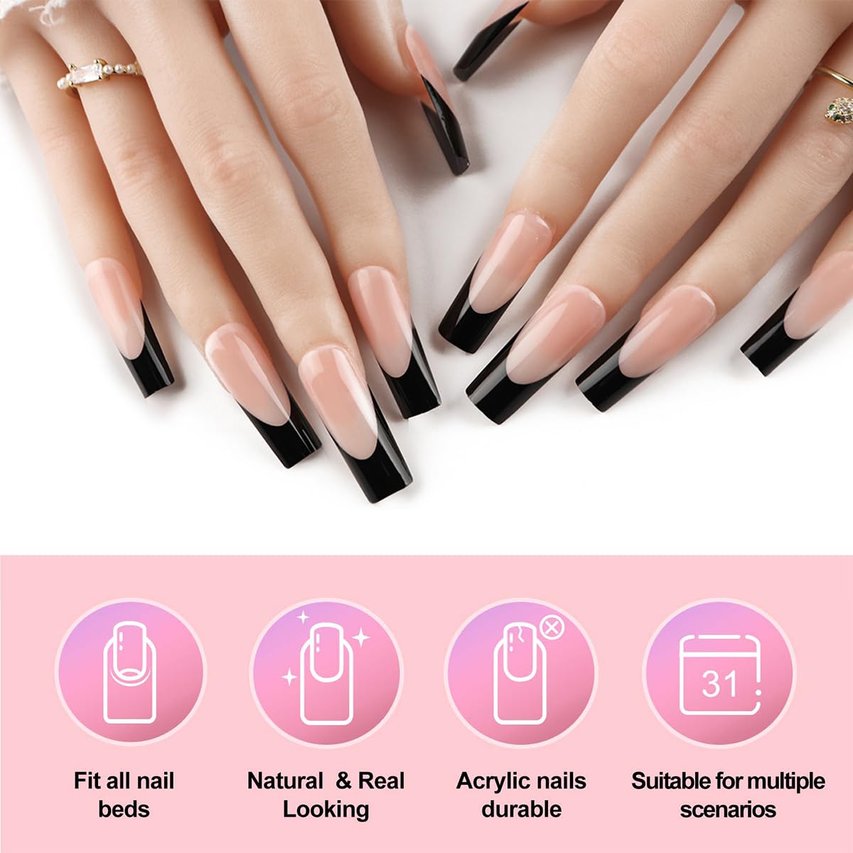120 Pcs French Tip Press on Nails Long Square Fake Nails Black French Nail Press ons Full Cover Nude False Nails Artificial Acrylic Glue on Nails for Women Girls Finger Nail Manicure Kit