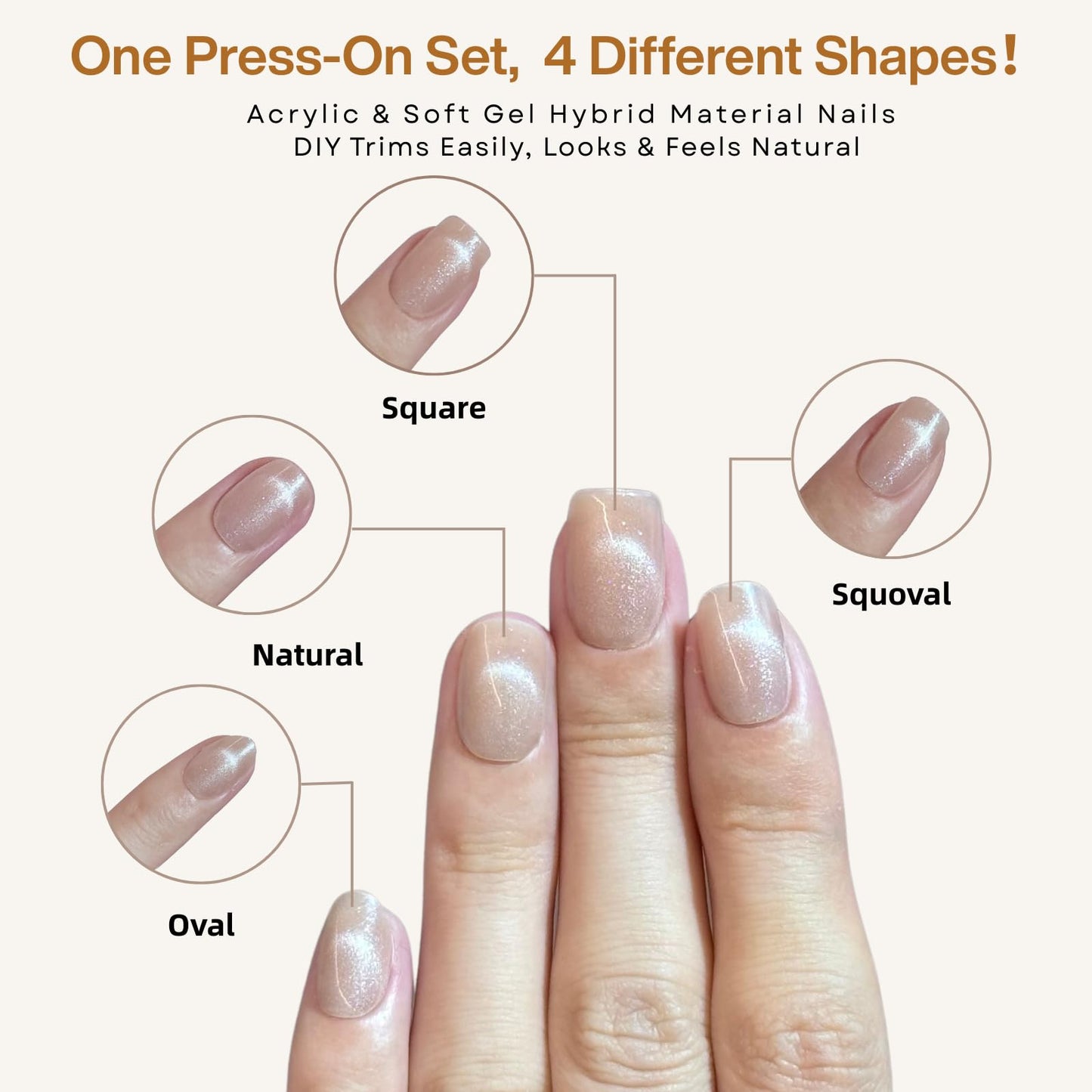 SnypeeLab Nude Cat Eye Press on Nails Short Square, French Tip Short Square Glue on Nails for Women Gift, Reusable Soft Gel Press on Acrylic Nail with Designs 30Pcs(Nude)
