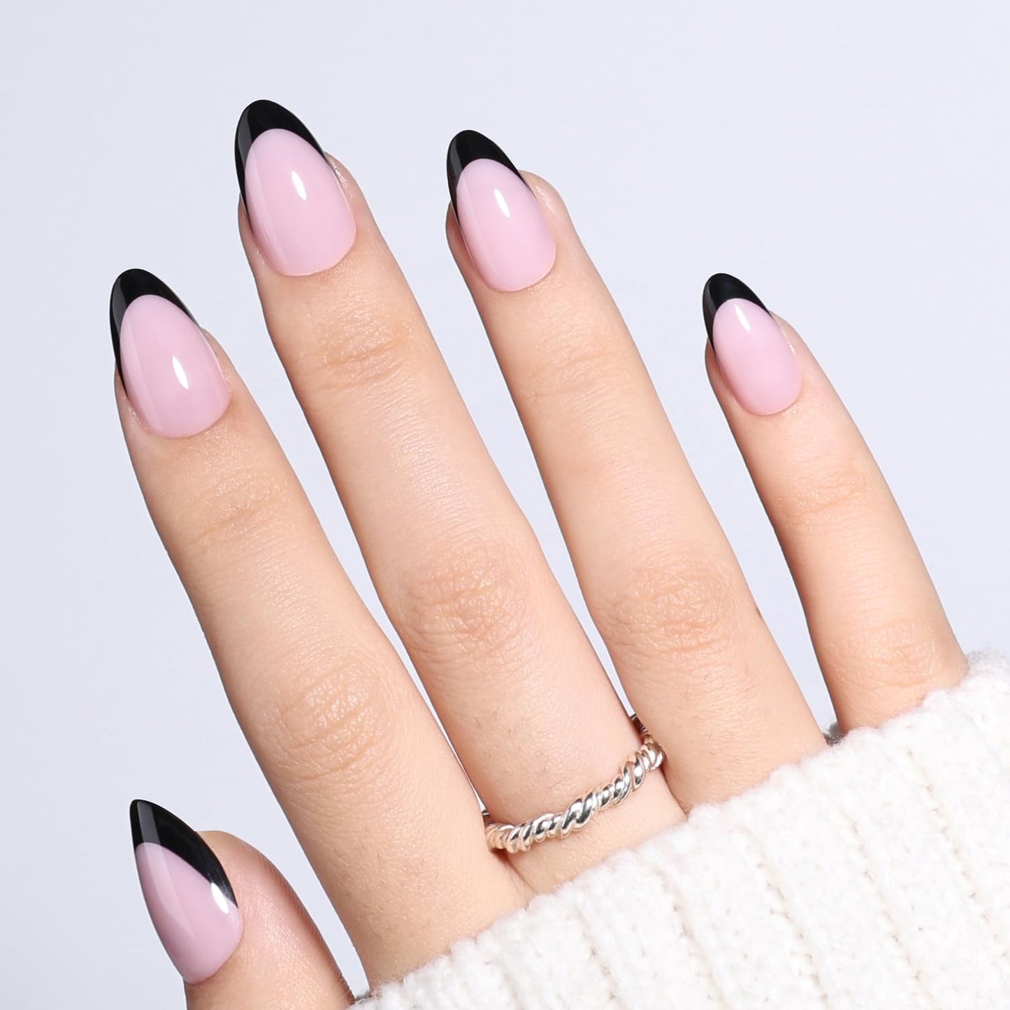 Leefrei Black French Tip Press On Nails Short Almond - Natural Fake Nails, Reusable Glue On Nails for Women, 16 Sizes 32 Pieces Nail Kit with Glue, Black French Tip - Almond