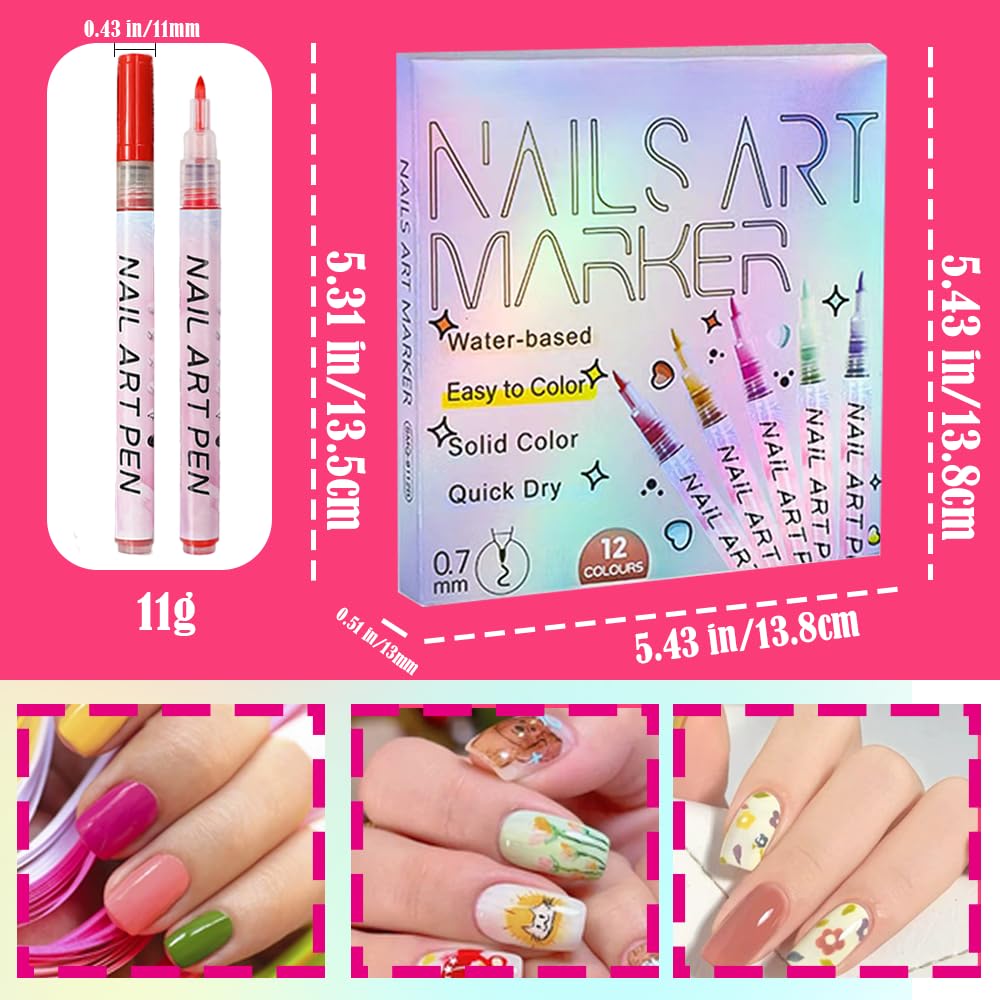 12 Colors Nail Art Pens Set, 2026 New Nail Marker, 0.7mm Quick-Drying Waterproof Polish Pens with Dotting Liner,Nail Art Tools for Graffiti Dotting Drawing Painting Point Liner DIY (2 Set)