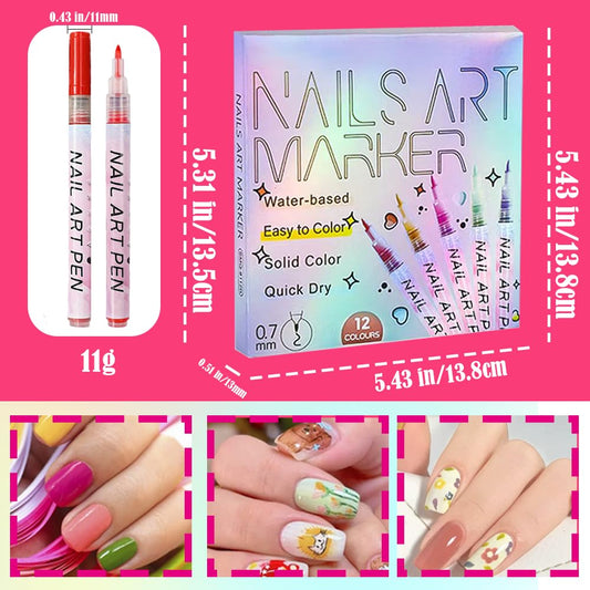 12 Colors Nail Art Pens Set, 2026 New Nail Marker, 0.7mm Quick-Drying Waterproof Polish Pens with Dotting Liner,Nail Art Tools for Graffiti Dotting Drawing Painting Point Liner DIY (2 Set)