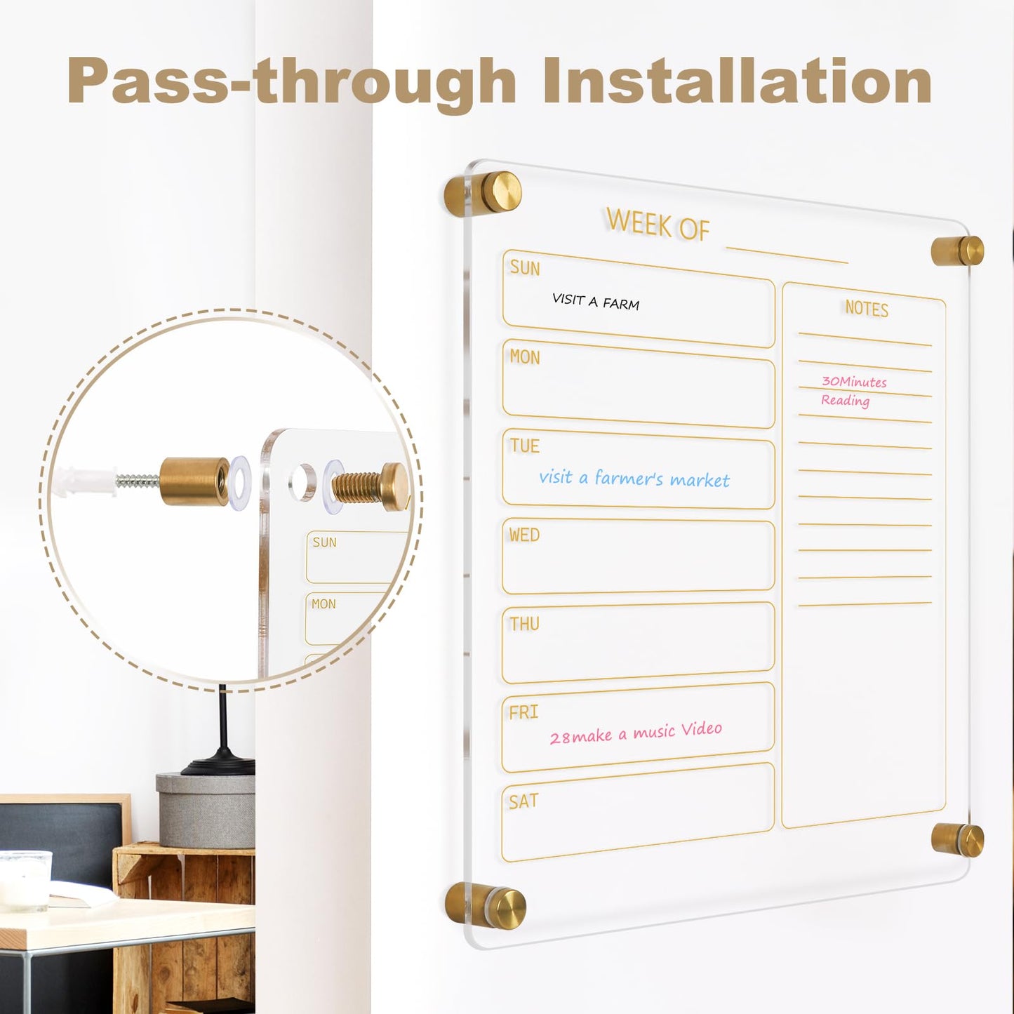 AMUSIGHT Small Acrylic Calendar for Wall, 12" X 14" Golden Clear Acrylic Wall Calendar, Clear Wet & Dry Erase Board Hanging Frameless Weekly Planner for Office, Home or School, 2 Markers