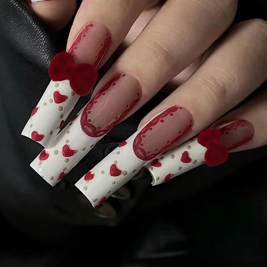 MISUD Press on Nails - Long Square Fake Nails with White French Tip, Acrylic Valentines Heart Design 24 pcs