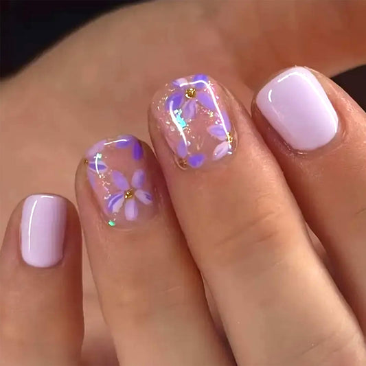 Short Square Press on Nails Cute Purple Floral Design Fake Nails 24Pcs Spring Summer Flower Press on False Nails Glossy Acrylic Glue on Nail Light Purple Stick on Nail for Women Manicure