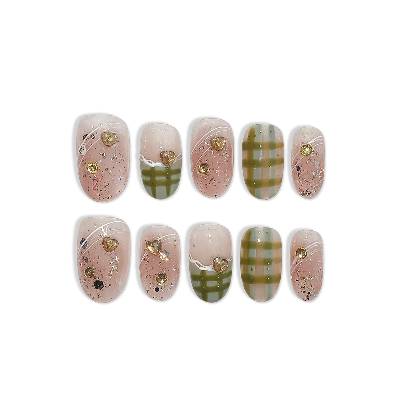 TENPAL French Tip Press on Nails Short Oval Cute Acrylic Pink Nails Press Ons Classic Checkered Grid Designs Fake Nails Reusable Full Cover Artificial Nails 10pcs Glue on Nails for Women Girls(XS)