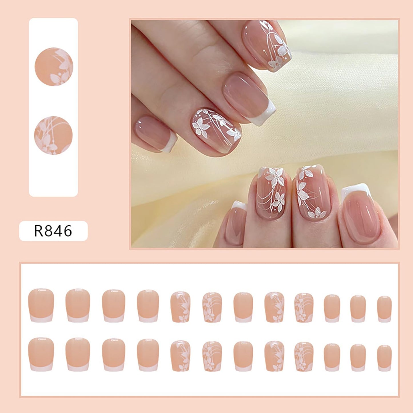 RTKHFZE Press on Nails French Tip Short Fake Nails Square Acrylic Nails with Cute Flower Designs Artificial Pink False Nails Stick on Nail for Women Manicure 24Pcs
