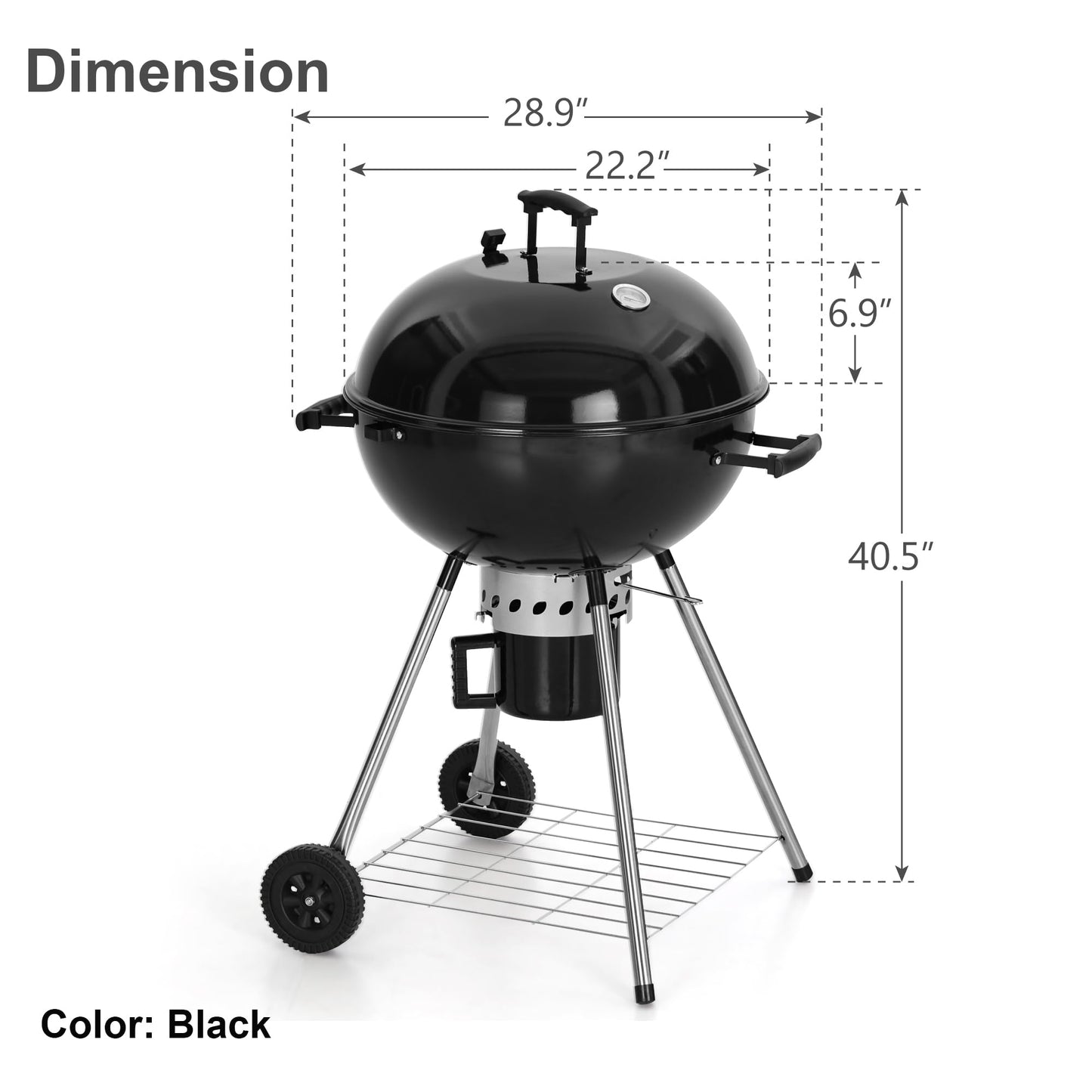 GREEN PARTY 22 inch Kettle Charcoal BBQ Grill with Wheels, Portable Charcoal Grill with Porcelain-Enameled Lid & Ash Catcher for Outdoor Cooking Barbecue Camping Picnics Tailgating, Black