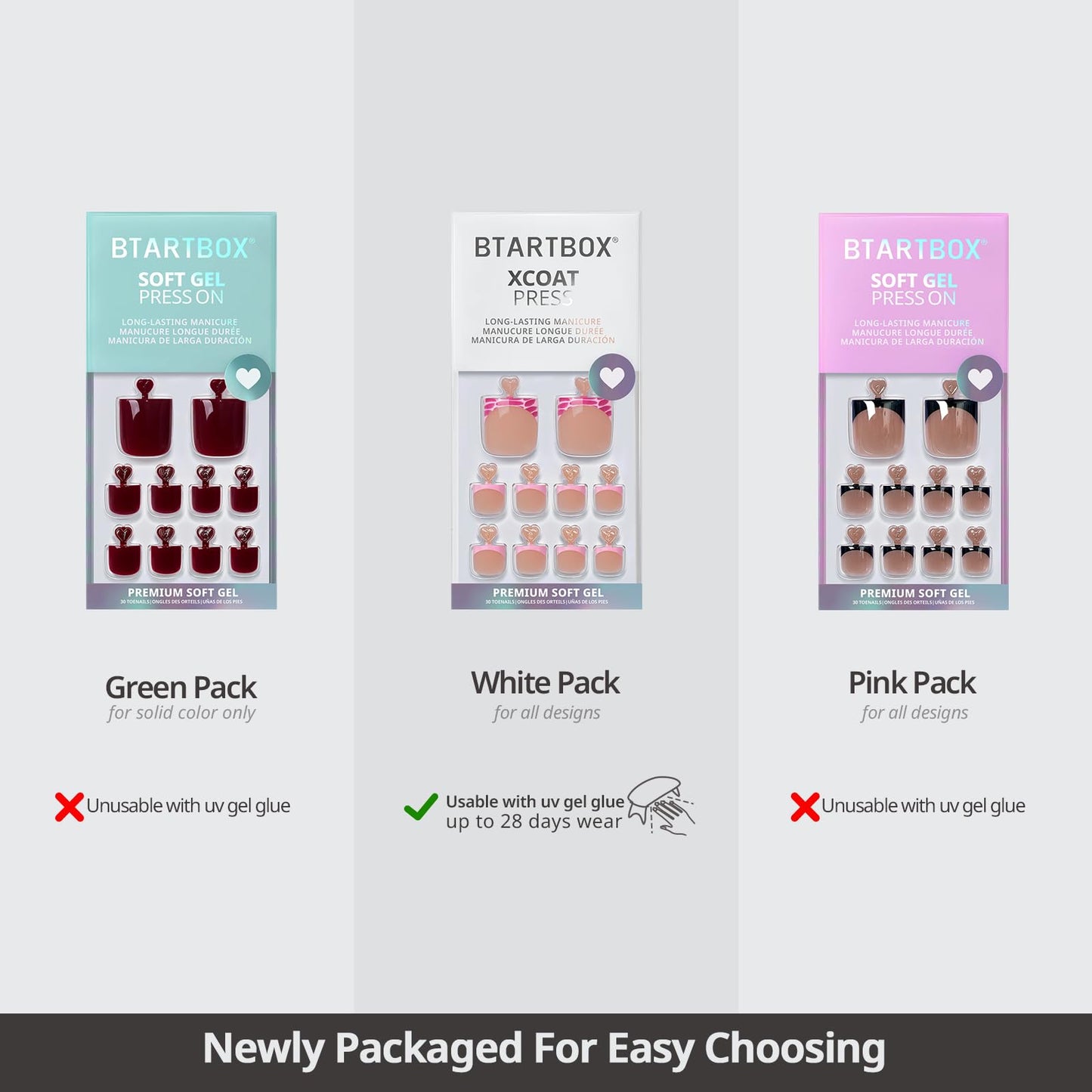 BTArtbox Press On Toenails Short - Shell Glow Pedi, Easy-to-Apply 3D Sculpting Pink French Tip Square Toe Nail Press Ons with Glue and Adhesive Tabs in 15 Sizes - 30 Toenails All-in-One Kit