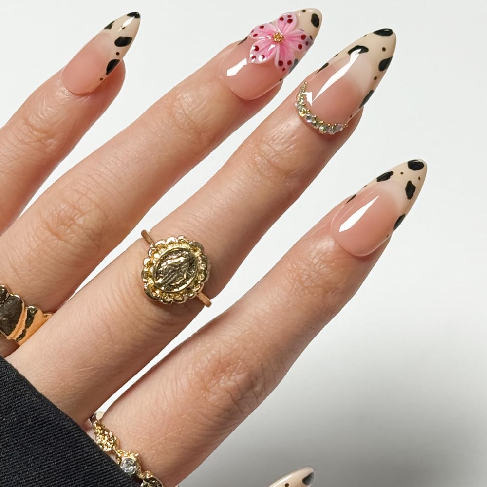 MAGLFELL Press On Nails Handmade Almond Fake Nails, Painting French 3D Leopard Print and Floral Design, Reusable Artificial False Nails for Women 15 Sizes - 30Pcs Stick On Nails Kit