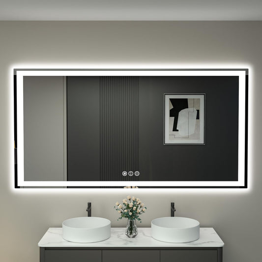 miskerm 60"x 40" LED Bathroom Mirror with Lights, Front and Backlight, Dimmable Smart Mirror Bathroom, Anti-Fog, 3 Colors Lighted Bathroom Vanity Mirror for Wall Tempered Glass (Horizontal/Vertical)