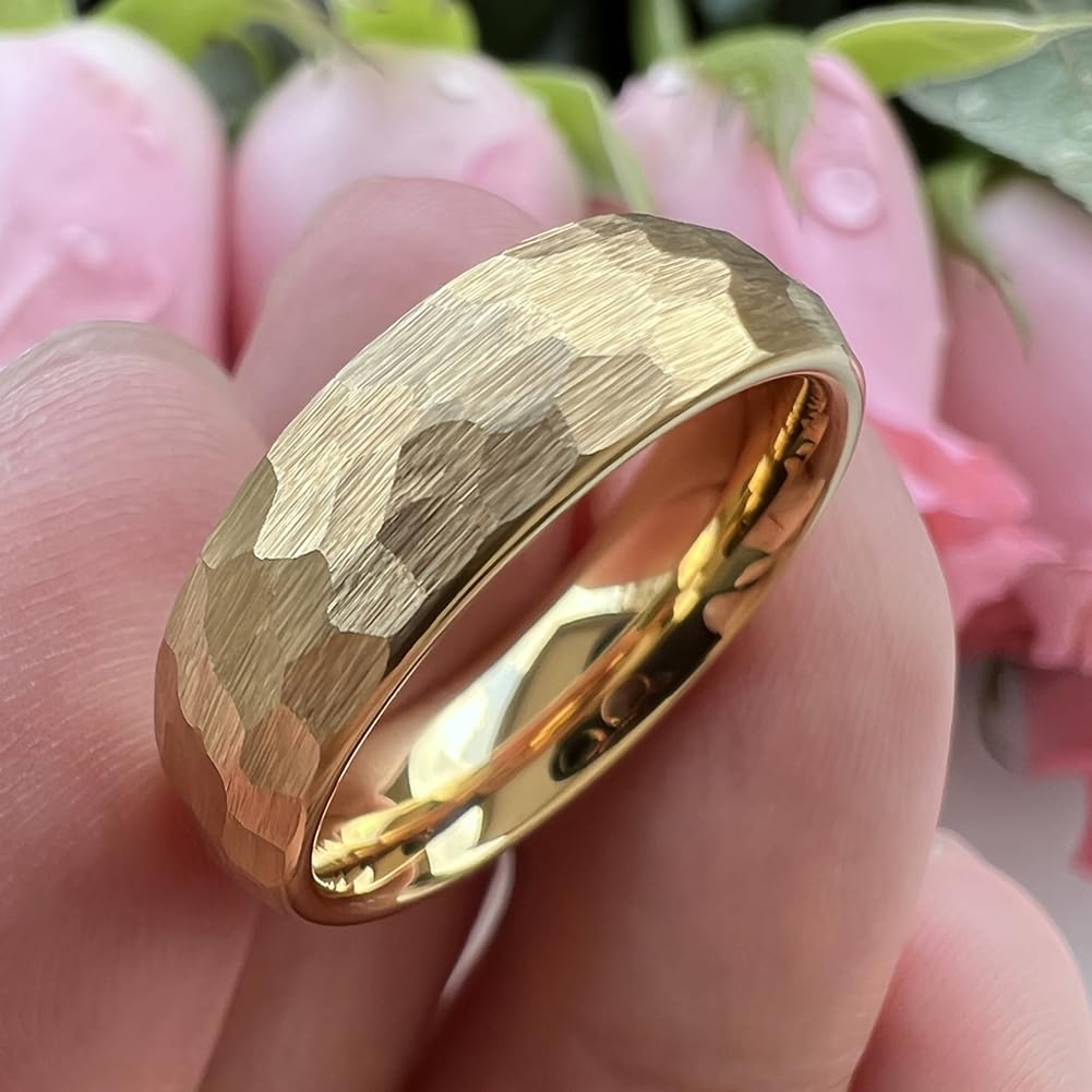 TUTISS 6mm Gold Hammered Tungsten Rings for Men Women Engagement Wedding Bands Domed Matte Finish Comfort Fit Size 9