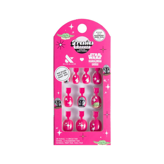 Olive & June Pressies Kids Press-On Nails (No Glue) | Star Wars: The Mandalorian & Grogu | 28 Fake Nails, 14 Sizes, 1 Nail File | Easy On-Off Mani Non-Toxic Tabs | XS/S, Round | Raspberry Rebel Run