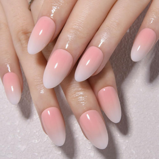 evpct Ombre Pink to Nude Press on Nails Short Almond, Short Almond Glossy Stick on Nails for Women Gift with Manicure Kit, Reusable Soft Gel Stick on Fake Nail with Ombre Designs Perfectly Fit
