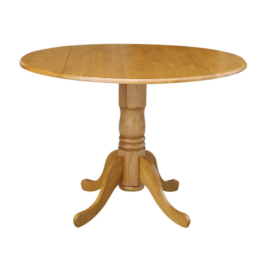 IC International Concepts, 42" Round Dual Drop Leaf Pedestal Dining Table, Solid Real Wood, Sturdy Parawood, Dimensions 42"D x 42"W x 29.5"H, 20mm thickness, 40lbs Weight Capacity, Oak