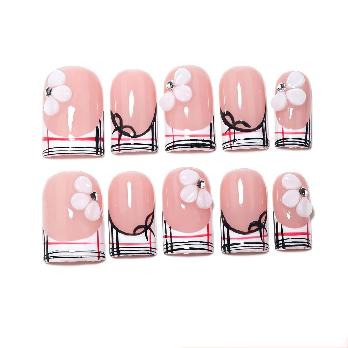 EasierGlow 10Pcs Handmade Short Square Press On Nails | Easy Apply & Remove, Reusable Salon Quality Nails | Nude Press Ons with Plaid French Tips, Hand-Drawn Bows & 3D Flower Accents (Y215, S)