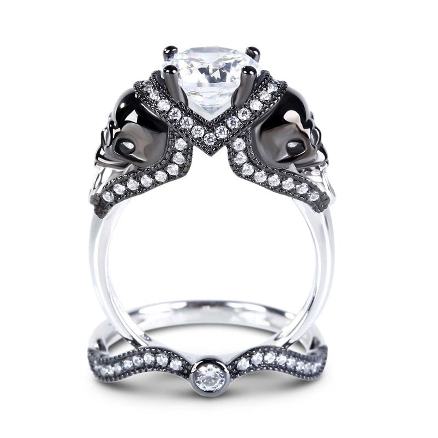 Jeulia 4.97 Carat Twist Skull Rings for Women Two Tone Round Cut Sterling Silver Two Tone Twist Band Rings White Diamond Bridal Ring Set Black Plated Engagement Promise Rings with Jewelry Gift Box,