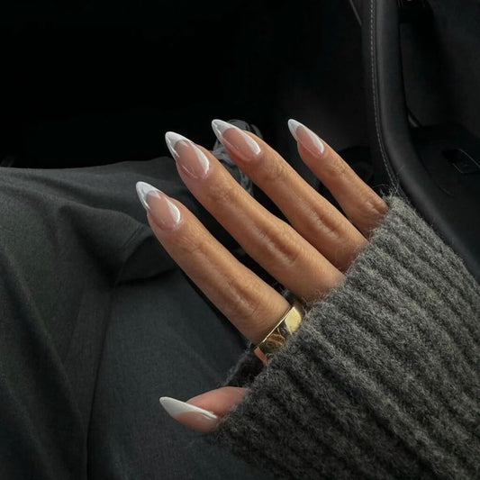 White French Tip Press On Nails Almond - KQueenest Chrome Press On Nails Medium, Glazed Natural Light Nude Fake Nails Press on, Reusable Glue on Nails Stick On Nail for Women Bridal Wedding
