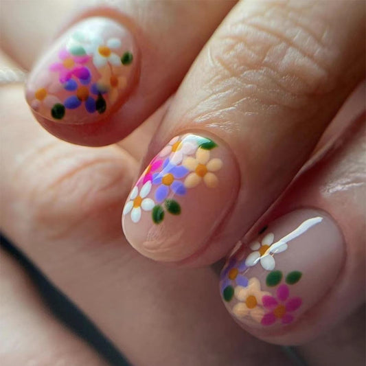 Flower Press on Nails Short Square Fake Nails Pink False Nails Press ons with Designs Floral Glossy Full Cover Cute Acrylic Glue on Nails Artificial Spring Stick on Nail for Women Manicure 24Pcs