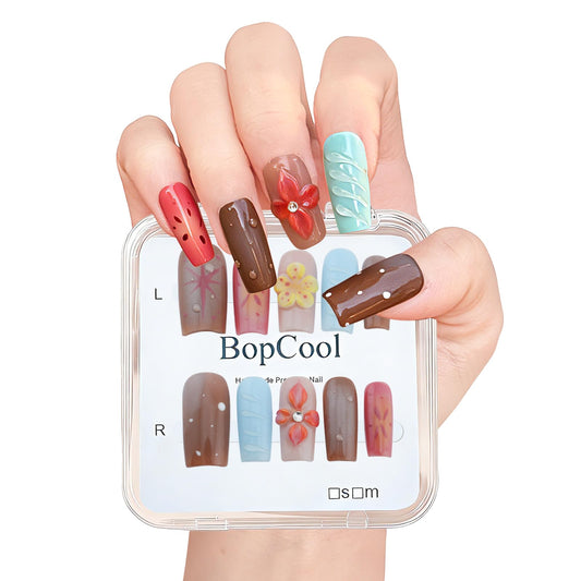 Luxury Handmade Press-On Nails - Vintage Brown 3D Floral Design, Long Coffin Acrylic False Nails | Reusable Fake Nails Kit（10PCS)