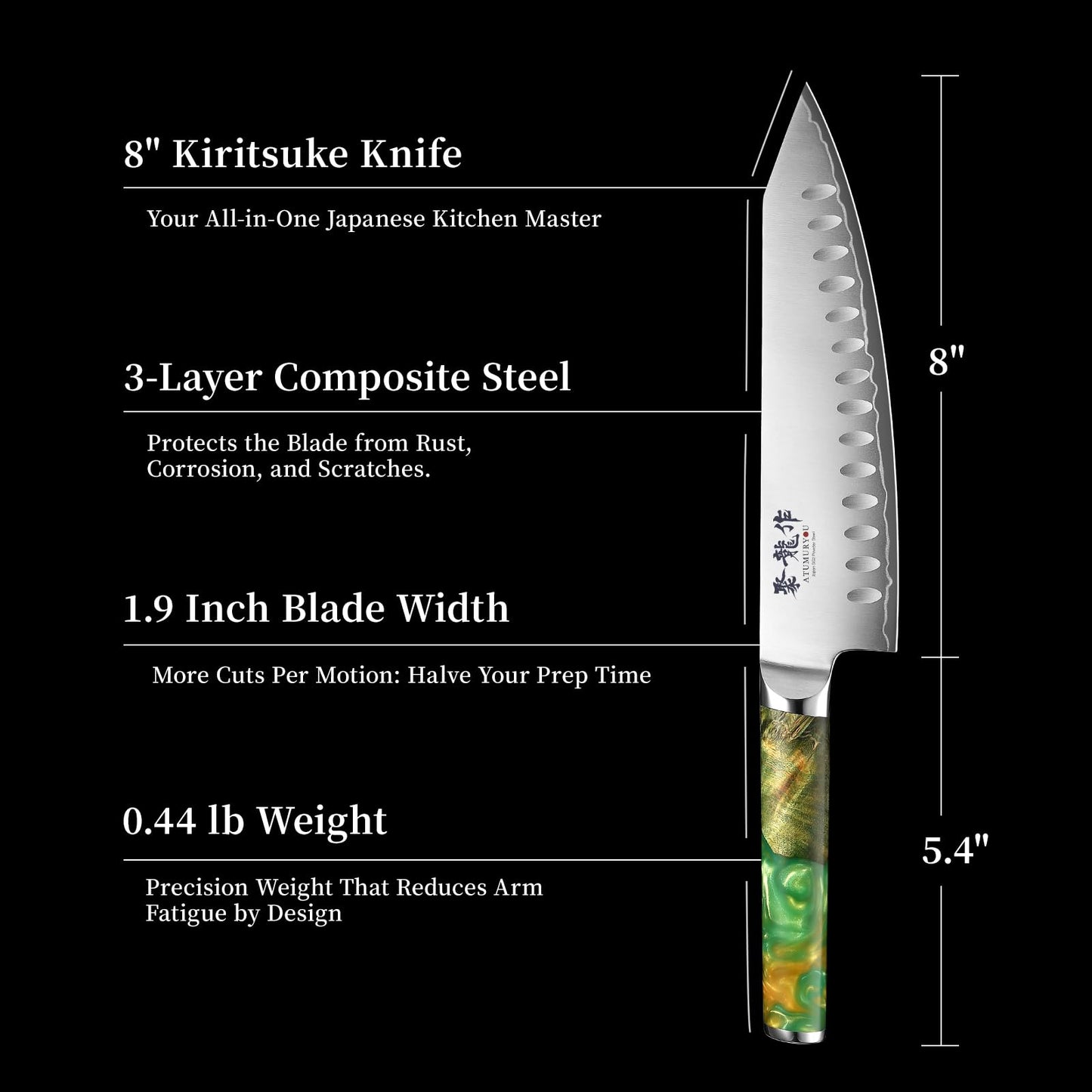 Japanese Chef Knife with SG2 Powder Steel, 8 Inch Professional Kitchen Knives, Handcrafted Kiritsuke Knife with Unique Jade Green Ergonomic Handle, Superior Edge Retention & Exceptional Durability