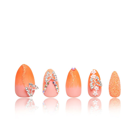 LOVFUL Press on Nails Citrus Bloom | Handmade with Full Covered Crystals | Reusable Fake Nails | Almond Regular 1.0 in | H209-L