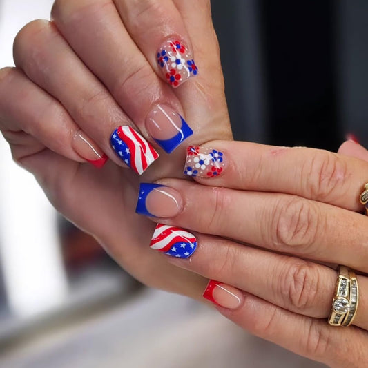 LINMEIZAI 4th of July Press on Nails Short Square Acrylic Fake Nails Press ons Glue on False Nails for Women Reusable Pentagram Stripes Flower Independence Day Stick on Nails Blue French Tip Kit 24Pcs