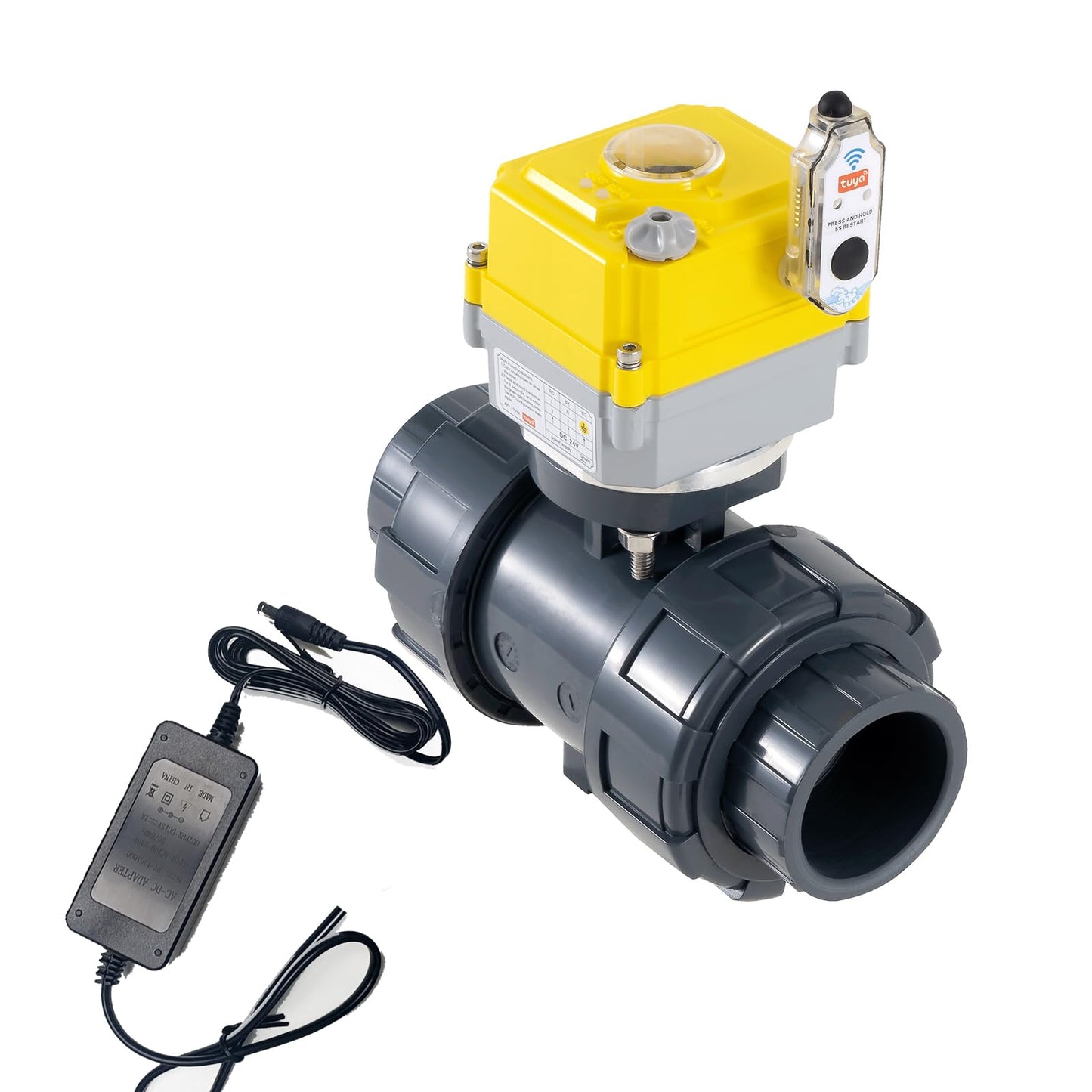 Smart electric valve, TUYA-WIFI-APP control, 1.5-inch PVC electric ball valve full bore, 2-wire automatic reset, normally closed, DC24V actuator/AC110V-230V power adapter, suitable for water systems