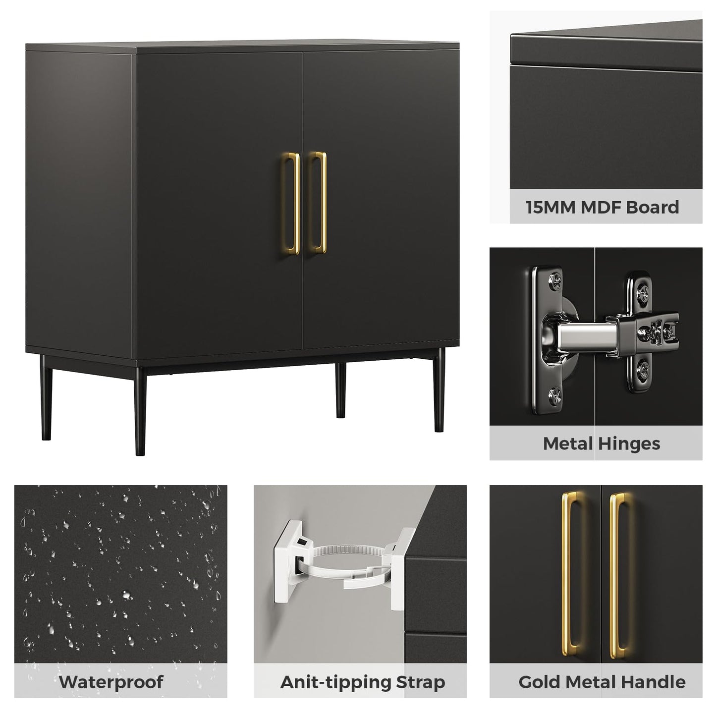 REHOOPEX Storage Cabinet with Doors, Modern Black Accent Cabinet, Free Standing Cabinet, Wooden Buffet Sideboards for Living Room, Kitchen,Home Office