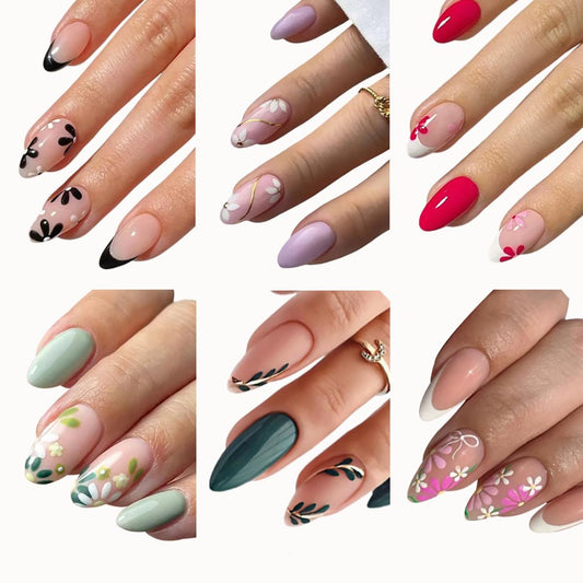 6 Packs (144 Pcs) Flower Press on Nails Medium Almond Fake Nails French Tip False Nails with Designs Spring Summer Floral Glue on Nail Full Cover Glossy Acrylic Stick on Nail for Women Manicure