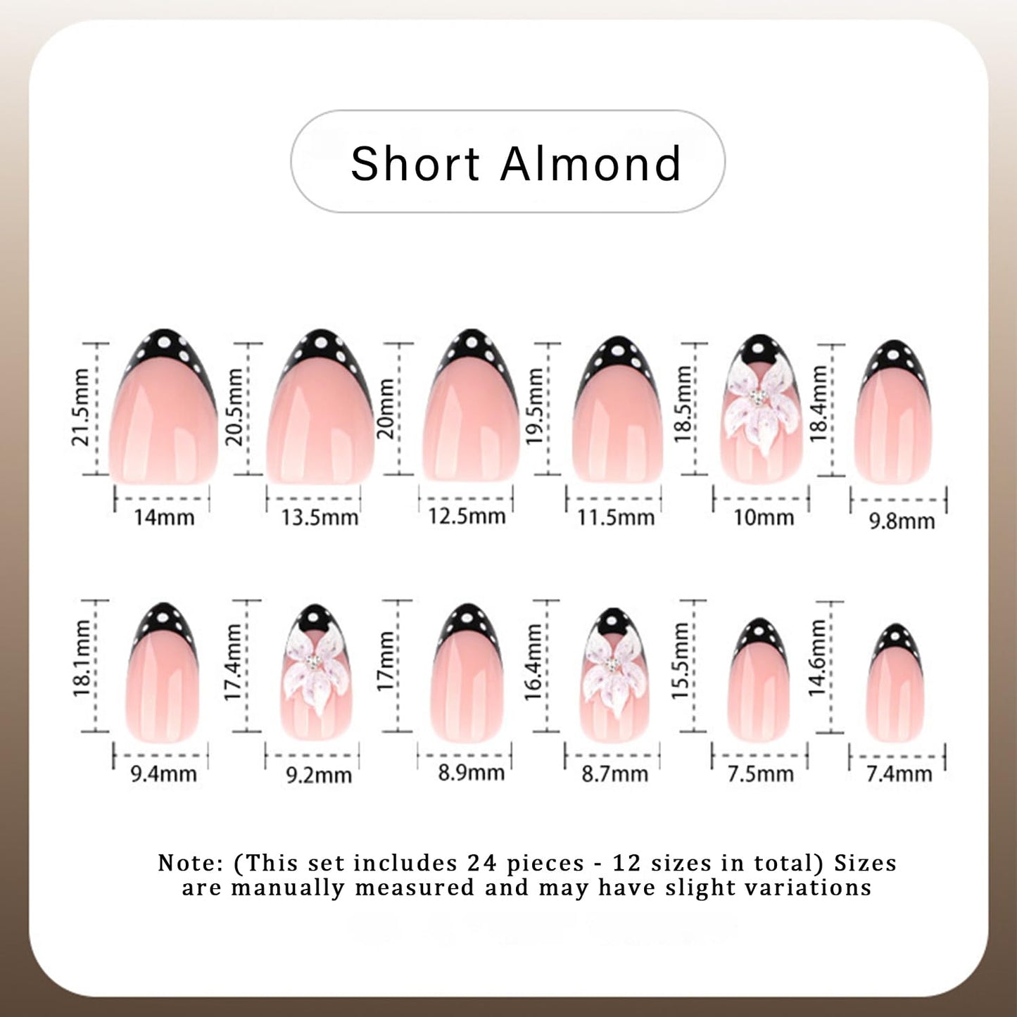 Spring Polka Dot Press on Nails Short Almond Fake Nails with 3D Lily Flower Design Black French Tip False Nail Glossy Full Cover Stick on Nail For Women Manicure 24 Pcs