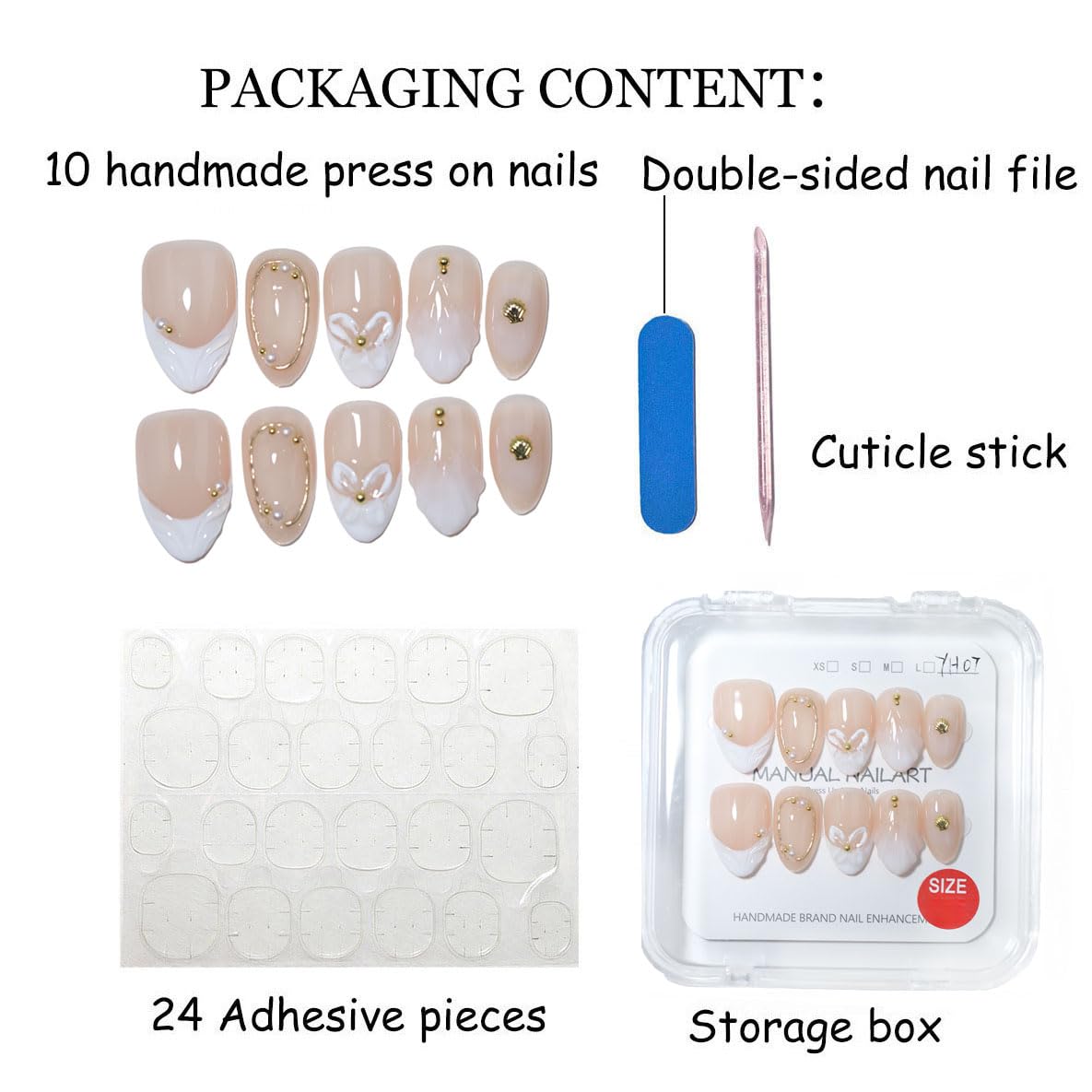 10 Pcs Short Almond Handmade Press On Nails | Nude French Tip with 3D Butterfly Floral Wave & Gold Pearl Shell Accents | Reusable, Easy to Apply & Remove, Salon-Quality Manicure (RR12, S)