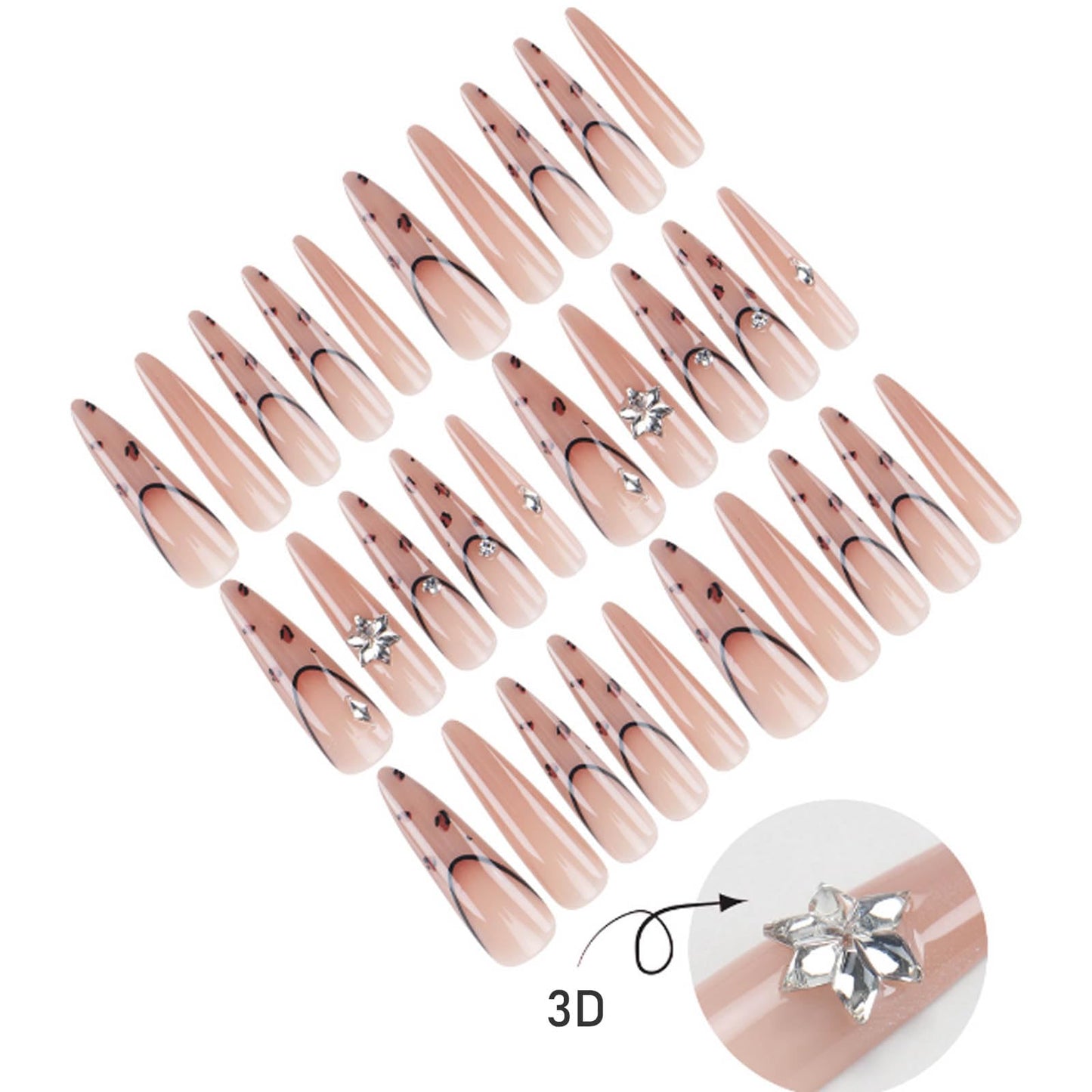 Hkanlre French Press on Nails Long Tips Full Cover False Nails Rhinestones Stiletto Fake Nails for Women 24PCS