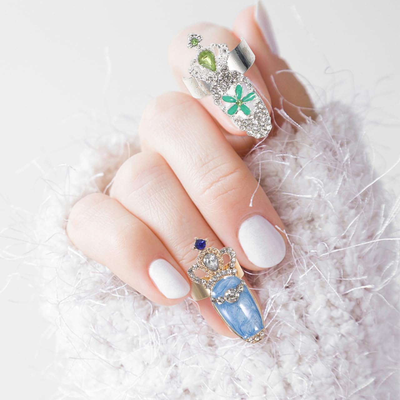 KALLORY 10pcs Ring Punk Full Finger for Flower Crystal Rings Nails Art Jewelries Opening Cap Fingernail Alloy Cover Halloween Christmas Nail Loop Girls Bow Tip Decoration