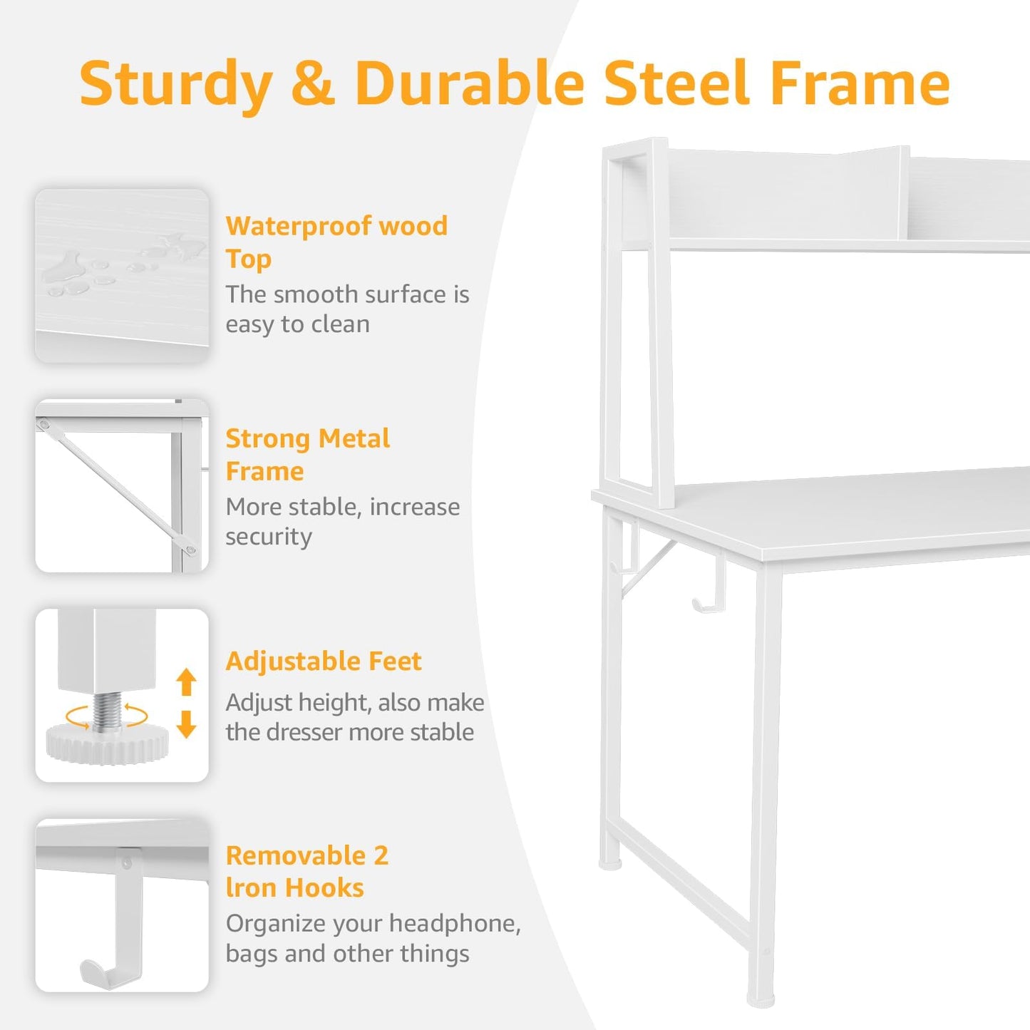 DLisiting White Computer Desk with Hutch & Drawers - Office Desk with 3 Storage Drawers and Power Outlets, 47 Inch Modern Study Writing Desk for Bedroom Home Office